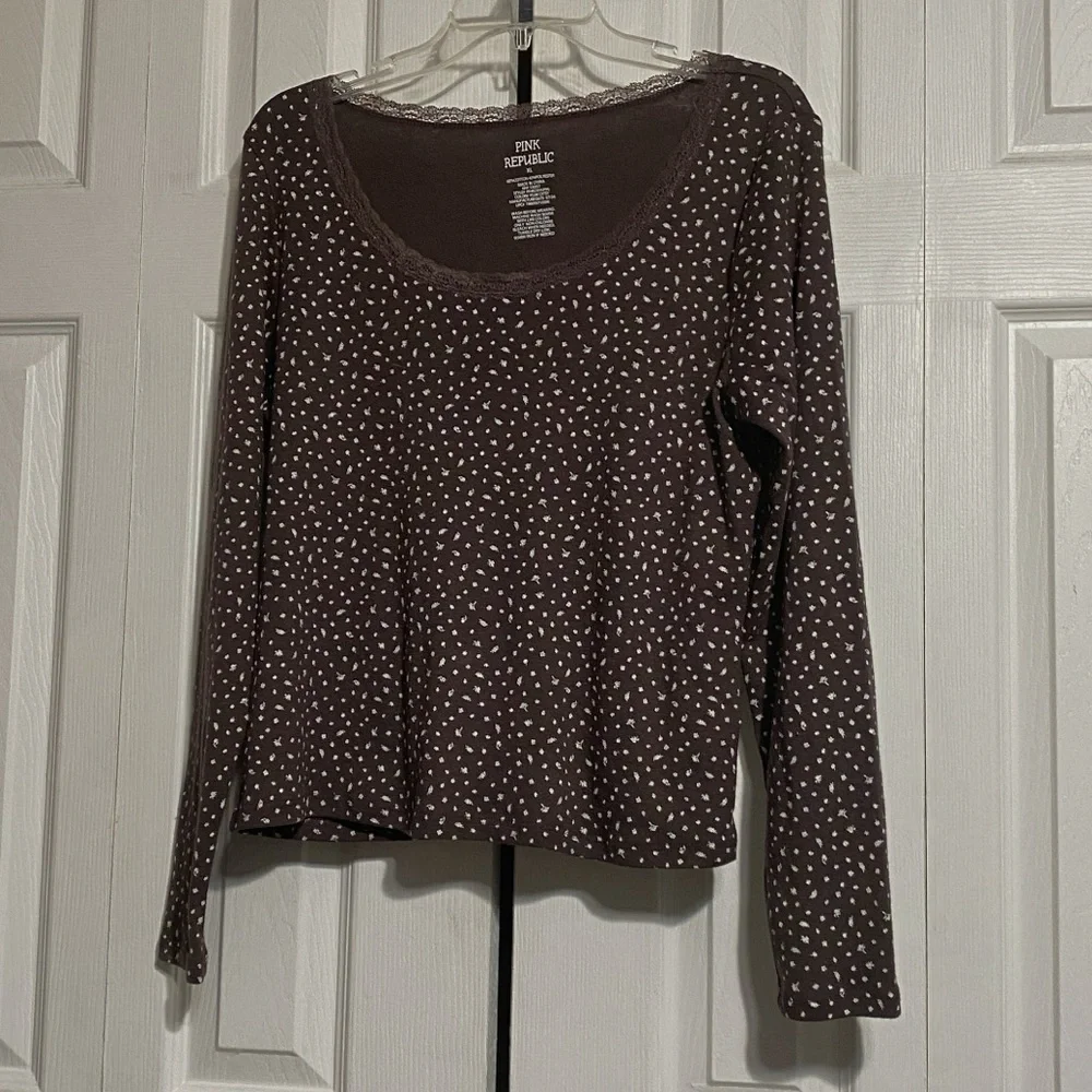 Pink Republic cotton blend brown & white floral knit tee shirt top size XL - Picture 1 of 9